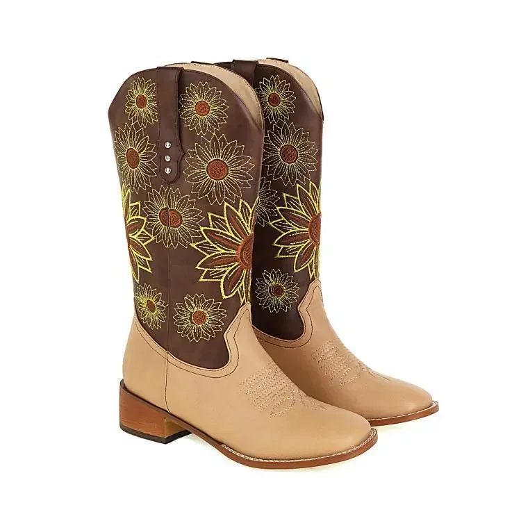 Vintage Embroidered Sunflower Western Cowboy Boots Square Heel Pointed Toe Rider Boots Slim New Plus Size Women's Boots 35&43