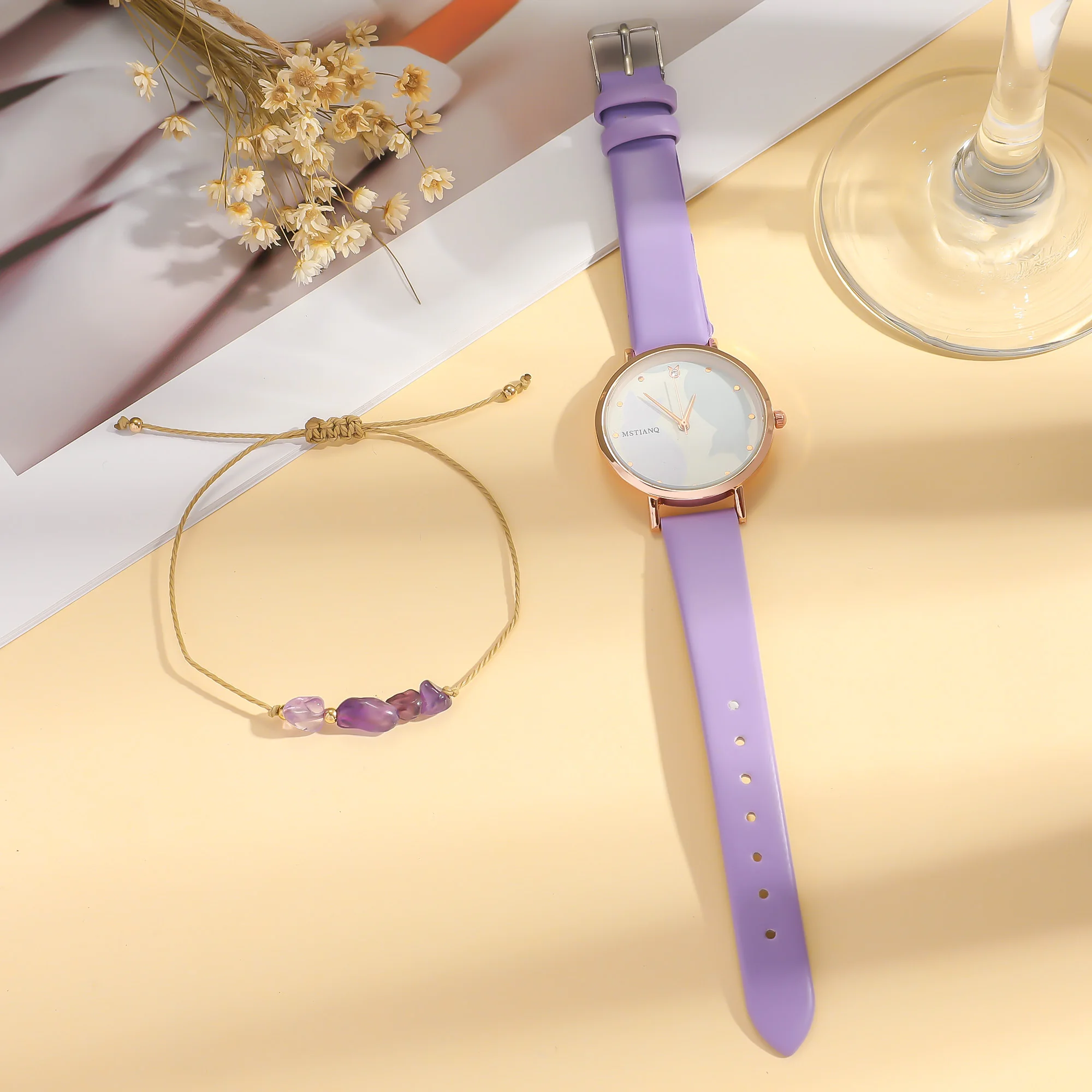 لا يوجد صندوق هدايا؛ ساعة كوارتز بحزام قطة كرتونية لطيفة وسوار من الخرز الكريستالي الأرجواني مكون من قطعتين #4