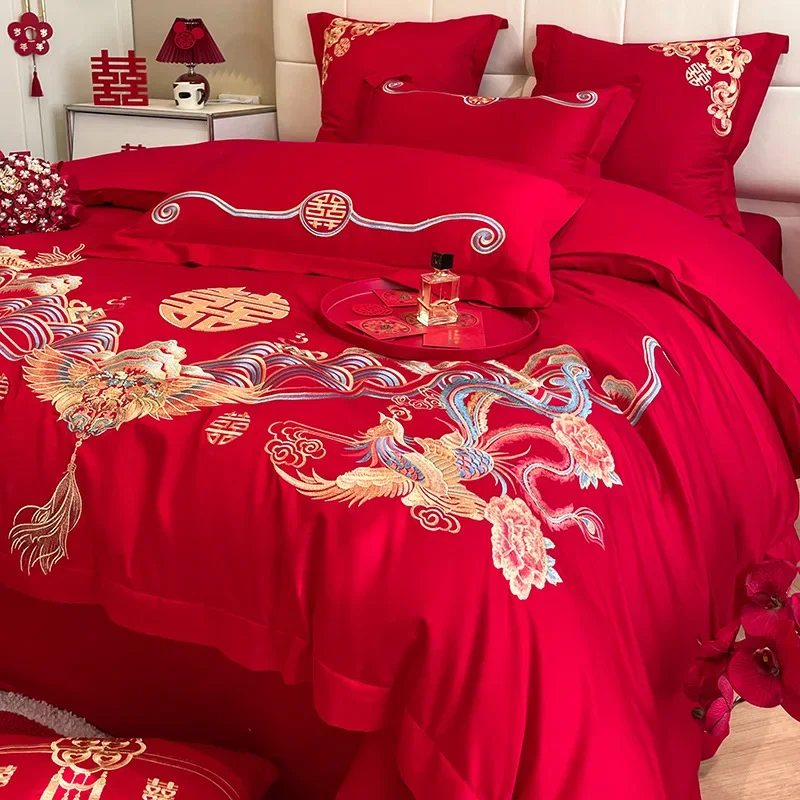 

Chinese high-end big red dragon and phoenix wedding four-piece set of pure cotton quilt cover wedding dowry