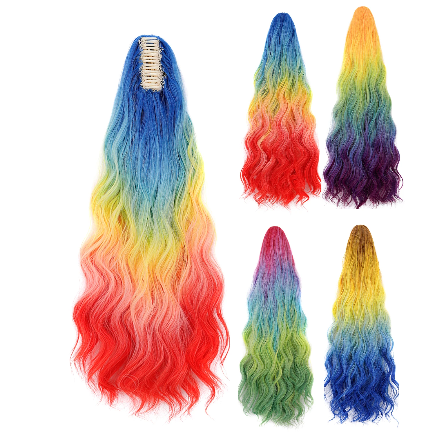 jeedou-rabo-de-cavalo-longo-ondulado-com-extensao-de-cabelo-rabos-de-cavalo-coloridos-ombre-arco-Iris-com-presilha-aplique-de-cabelo-sintetico-para-cosplay