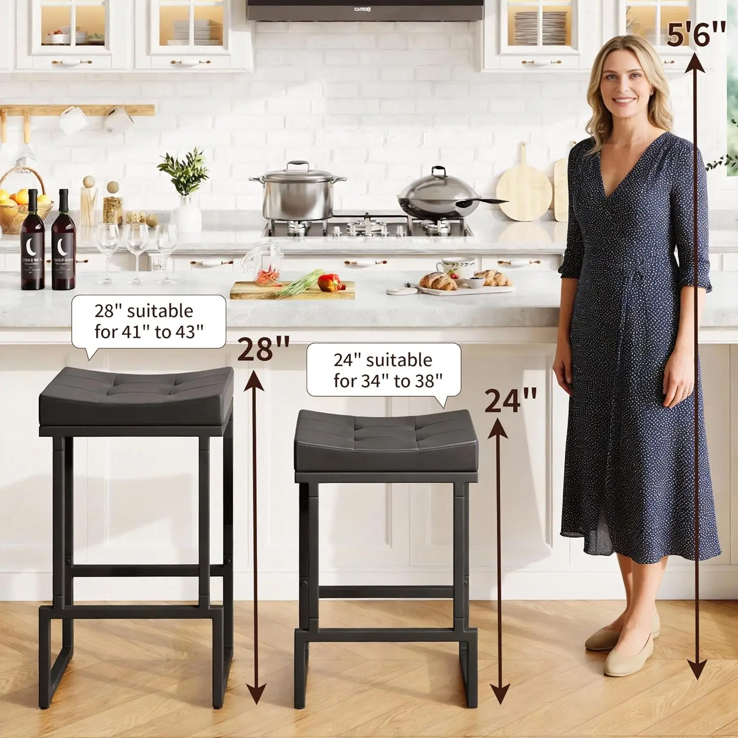 Cadeiras de Bar para Ilha de Cozinha, Couro Sintético e Metal, Preto, Conjunto de 3 Peças com 28 Assentos