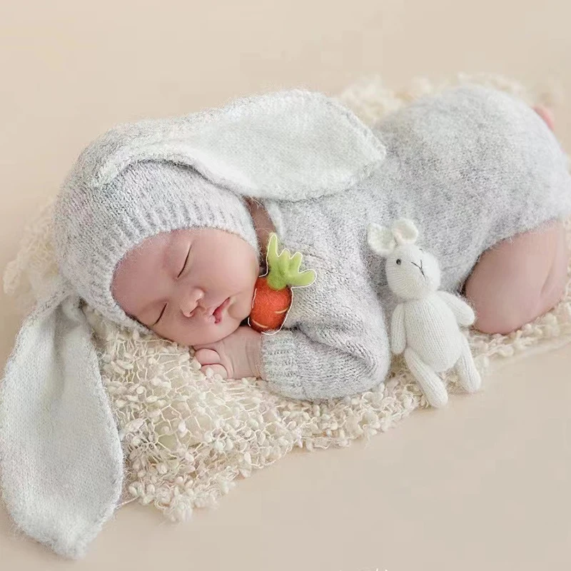 Ropa de punto para fotografía de recién nacido, conjunto de Gorro con orejas de conejo y mono, traje de Animal lindo, muñeca para sesión de fotos de bebé, accesorios para fotos infantiles