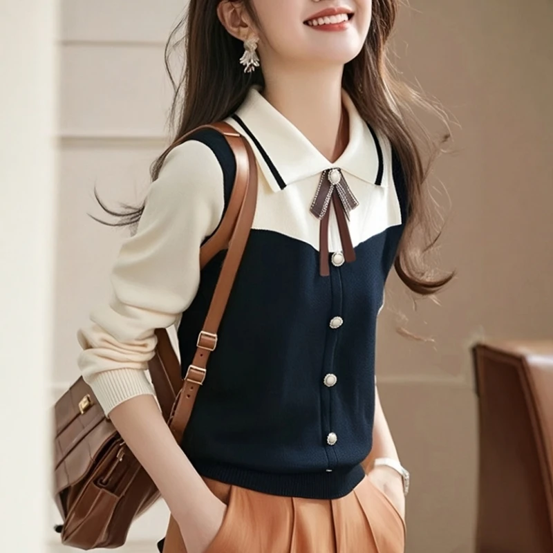 

Outlet Store Fake Two-Piece Knit Sweater Design Sensation Sweet Sle Slim Fit Long Sve Collar Pure Color Sweater