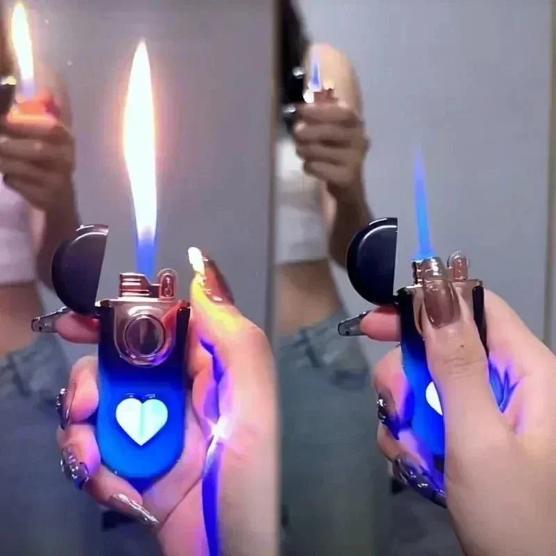 Creative Love Window Double Flame Lighter Grinding Wheel Butane Gas Heart Shaped Cigarette Lighter High Firepower Ignition Tool