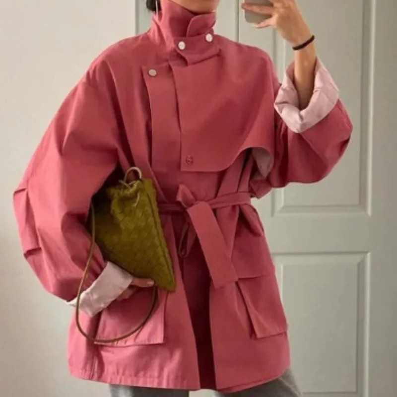 Solid Color Lapel Short Trench Coat Asymmetric Snap Button Belted Waist Loose Long Sleeve Women Elegant Casual Jacket 260901