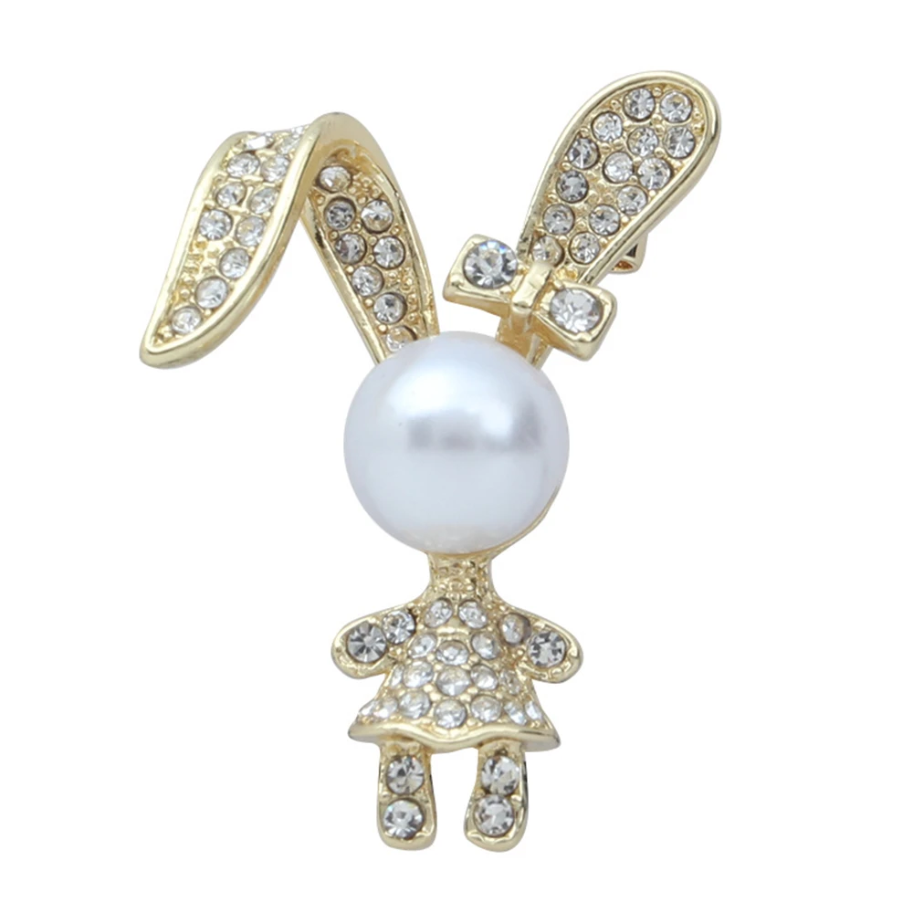 Cute Rabbit Rhinestone Brooch Pearl Metal Lapel Pins for Women Girl Sweater Backpack Stylish Pins Jewelry Accessories Gift
