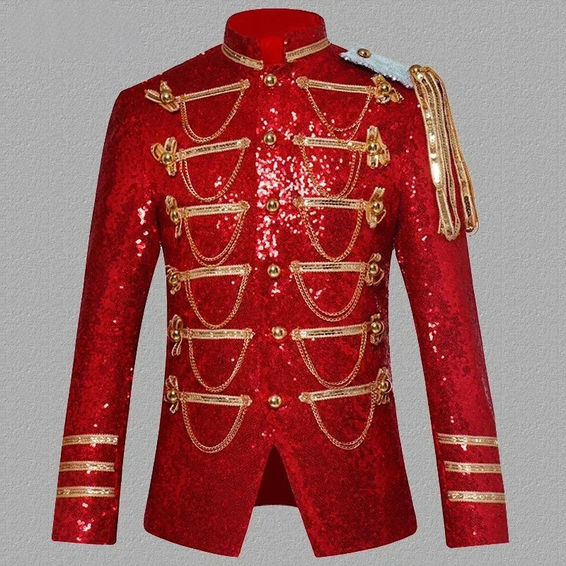 

Performance Male Host Ceremonial Dress Stage Attire Nightclub Bar DJ Sequin Chain Military Uniform