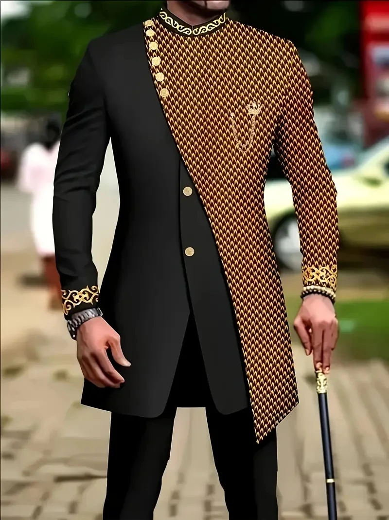 Men`s Suit Double Breasted Slim Fit Embroidery Chain Blazer and Pants Set Dashiki Outfits African Men Clothes
