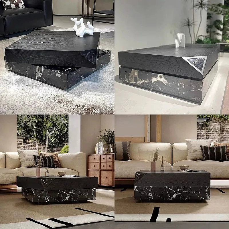 Italian Minimalist Rotating Coffee Table with Storage, Black Wood Grain, Creative Living Room