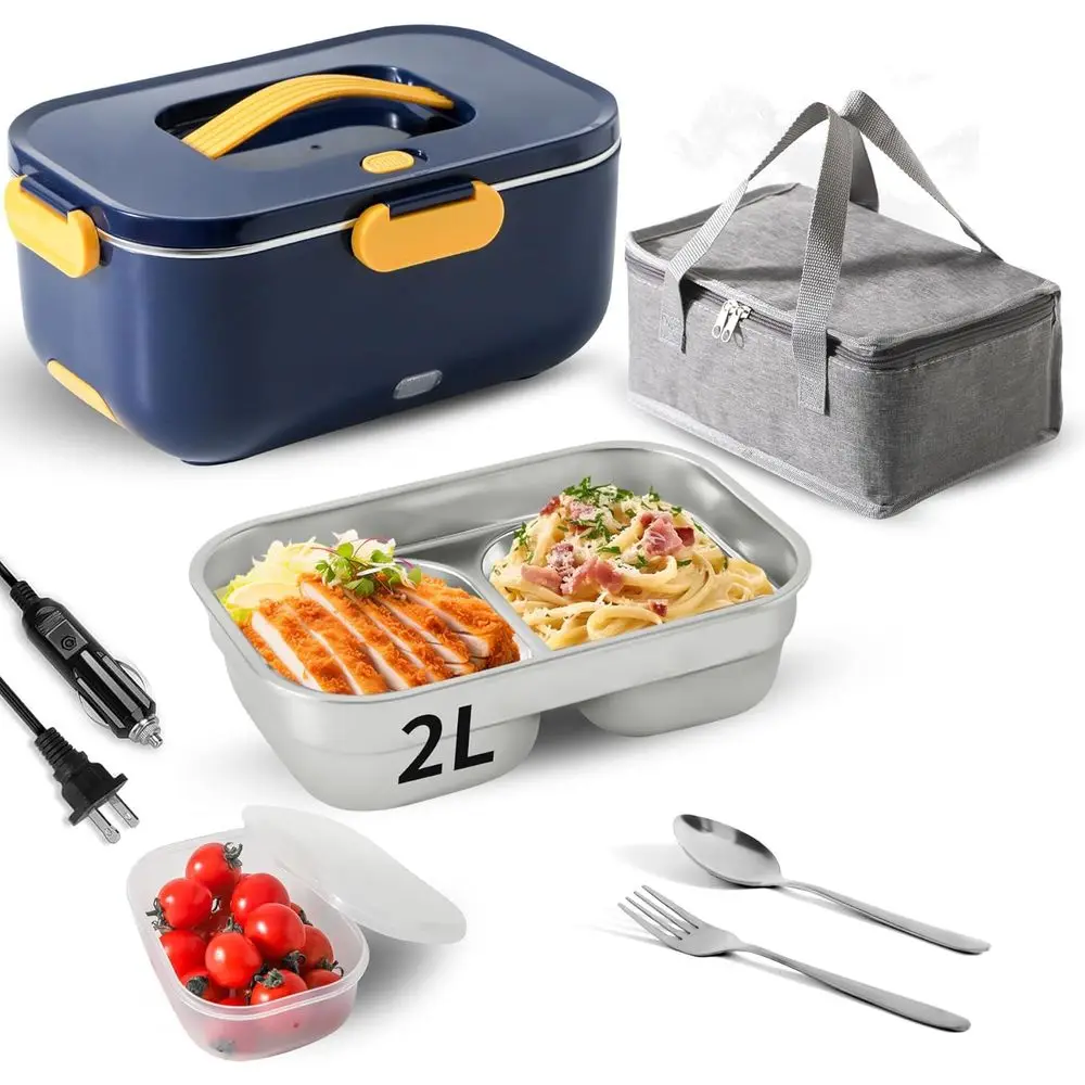 

80W/2L Detachable Stainless Steel Container 12V/24V/110V Electric Lunch Box Portable Food Warmer (Blue Double Compartments)