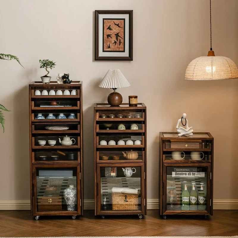 Walnut tea set storage display cabinet movable chest cabinet solid wood rack bedroom storage Nordic