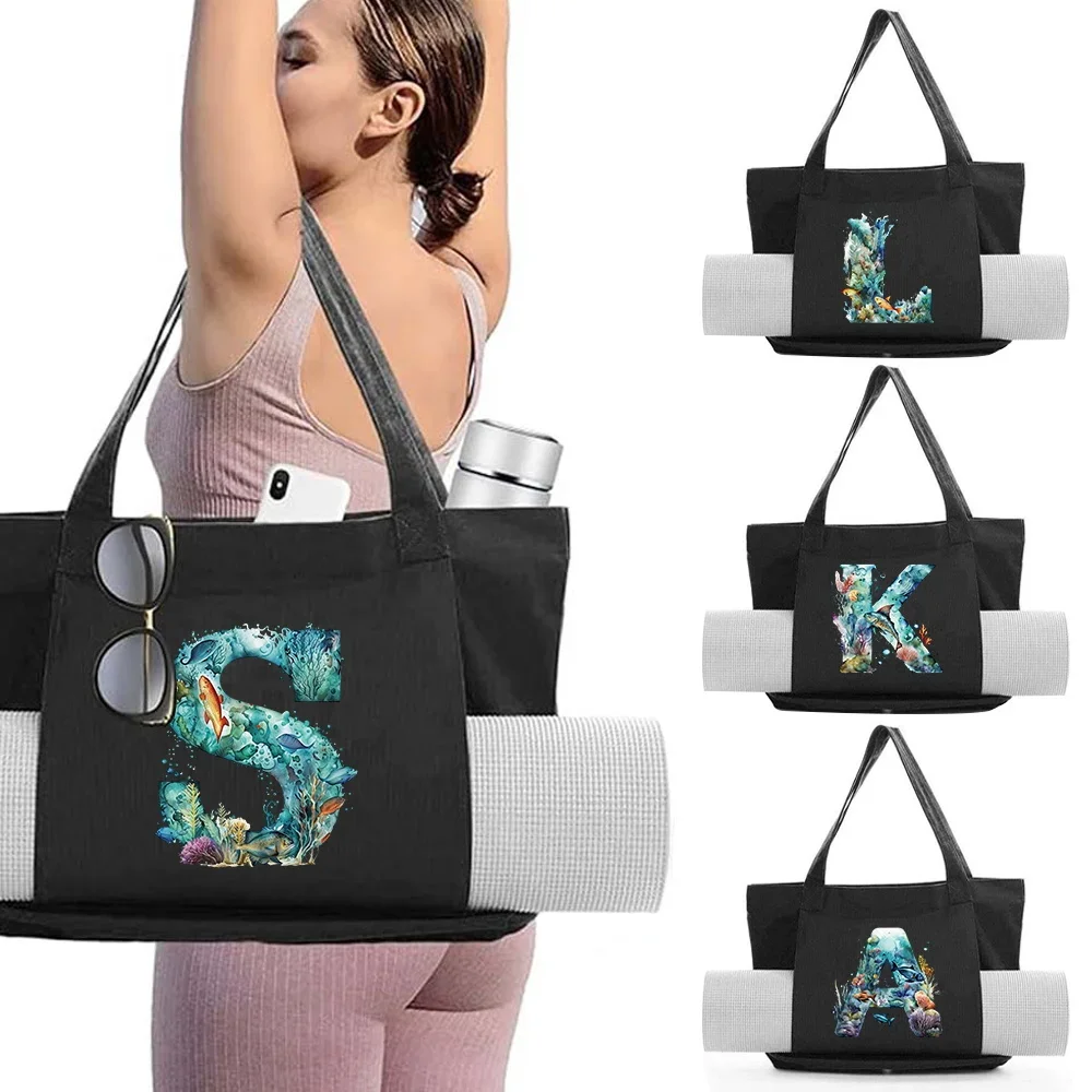 Women's Yoga Mat Tote Bag Gym Fitness Handbags Pocket Large Capacity Pilates Shoulder Bags Storage Fish Letter Printing Series