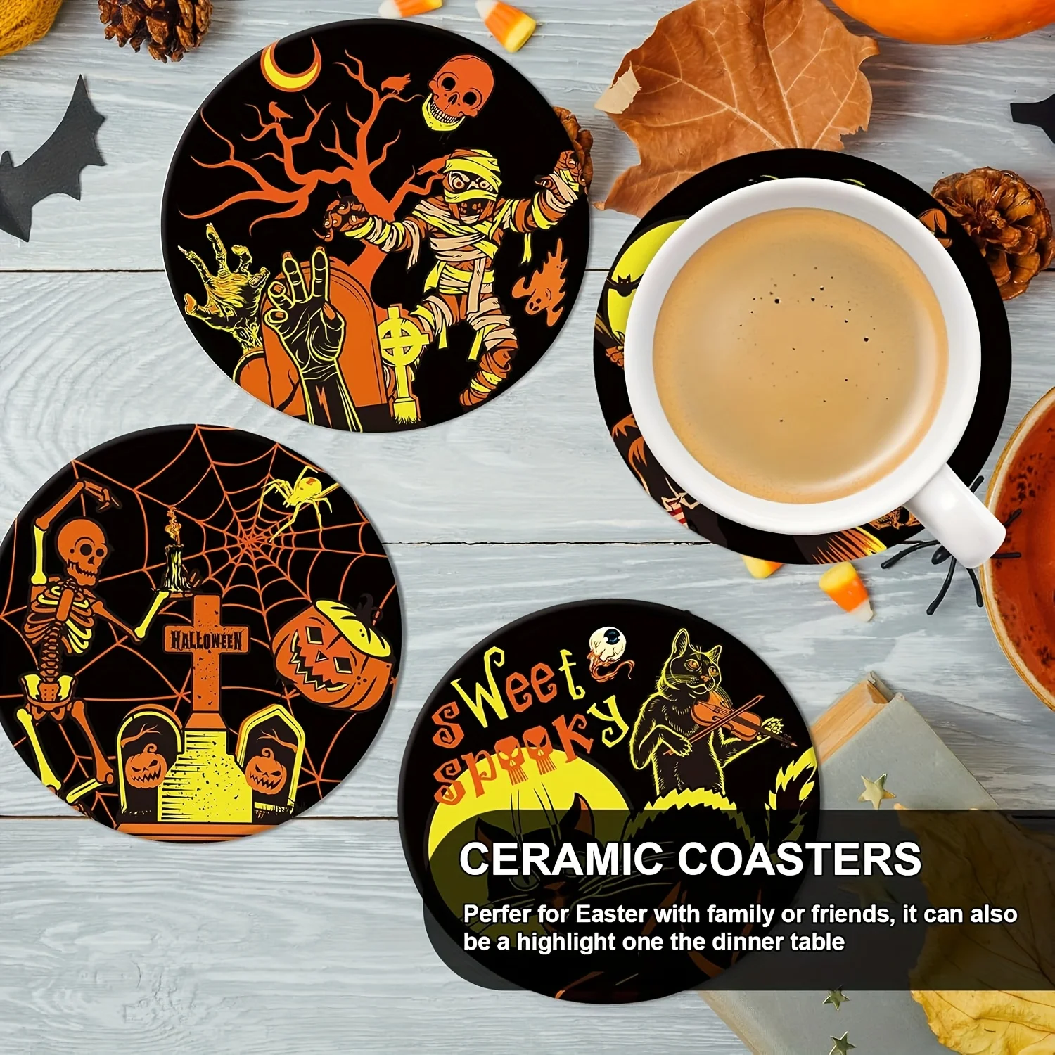 2D Vintage Gothic Halloween Elements Wooden Coaster Creative Tabletop Protection Coffee Shops Offices Home Party Seasonal Decor