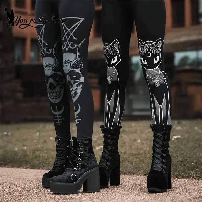 

[You're My Secret] 2024 HOT Gothic Leggings For Women Ouija Workout Pants Dark Grunge Black Cat Skull Leggins Devil Satan Legins