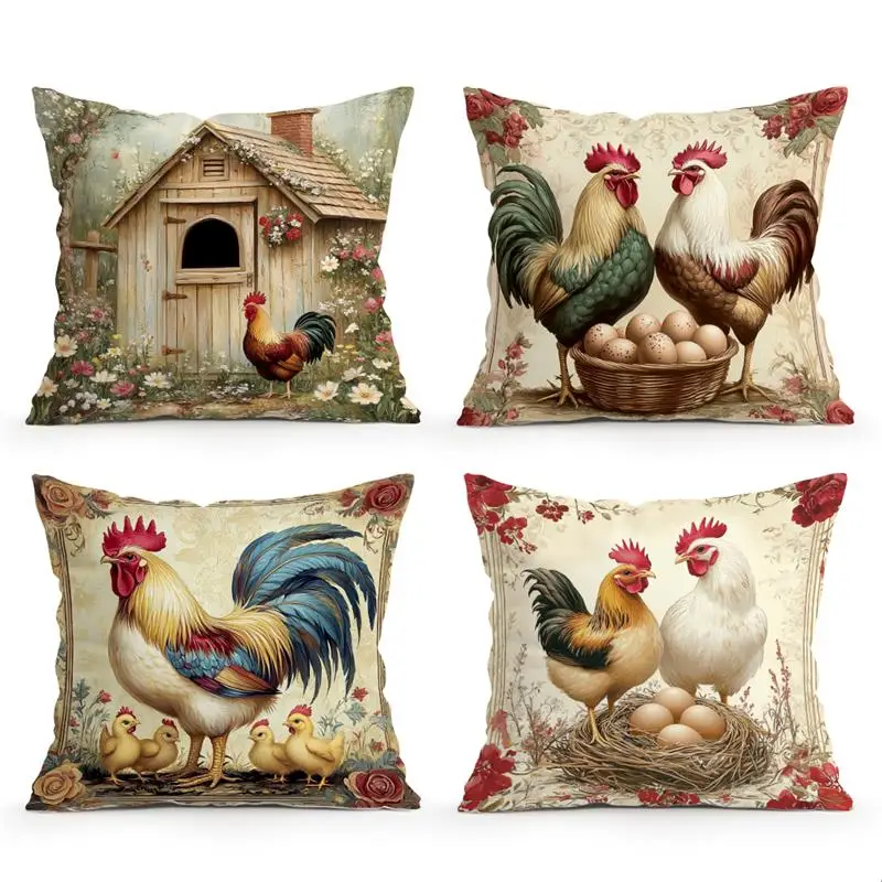 Retro Farmhouse Rooster Cushion Covers 18x18Inch Couch Throw Pillow Case For Car Pillowcase Living Room Christmas Decoration