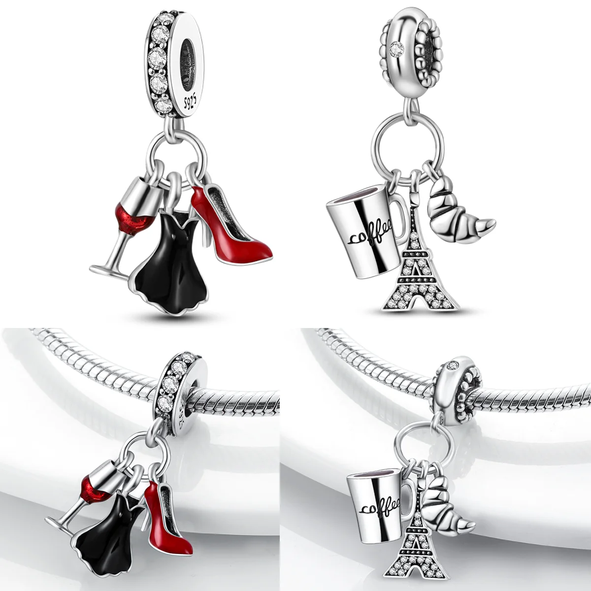 

925 Sterling Silver Bull Horn Coffee Cup Tower Charms Bead Dress High Heels Dangle Fit Original Bracelet DIY Women Jewelry