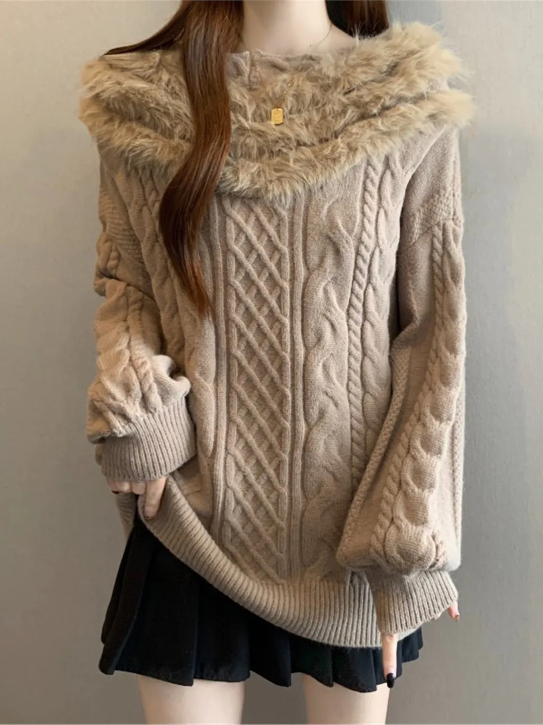 

oulder Bared Mid-Length Knitted Sweater for Women Large Size Autumn Winter Faion Mink Fur Top Loose Fit Commute Sle