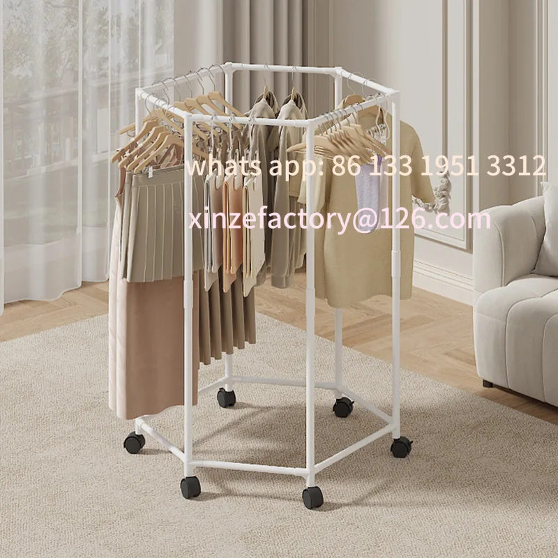 

Customizable Hexagonal Rotating Clothes Rack on Wheels - Sturdy 16mm Metal Tube Freestanding, Space Saving Vertical Hanger for D