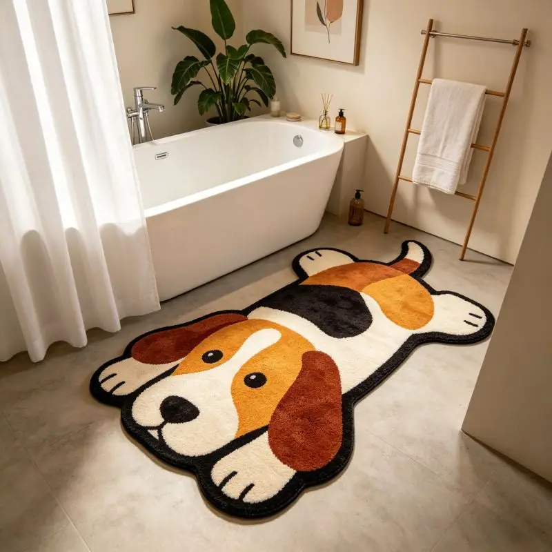 VIKAMA Beagle Dog Irregular Rug Cute Puppy Print Non Slip Mat For Bedroom Bathroom Living Room Kids Room Pet Lover Decor