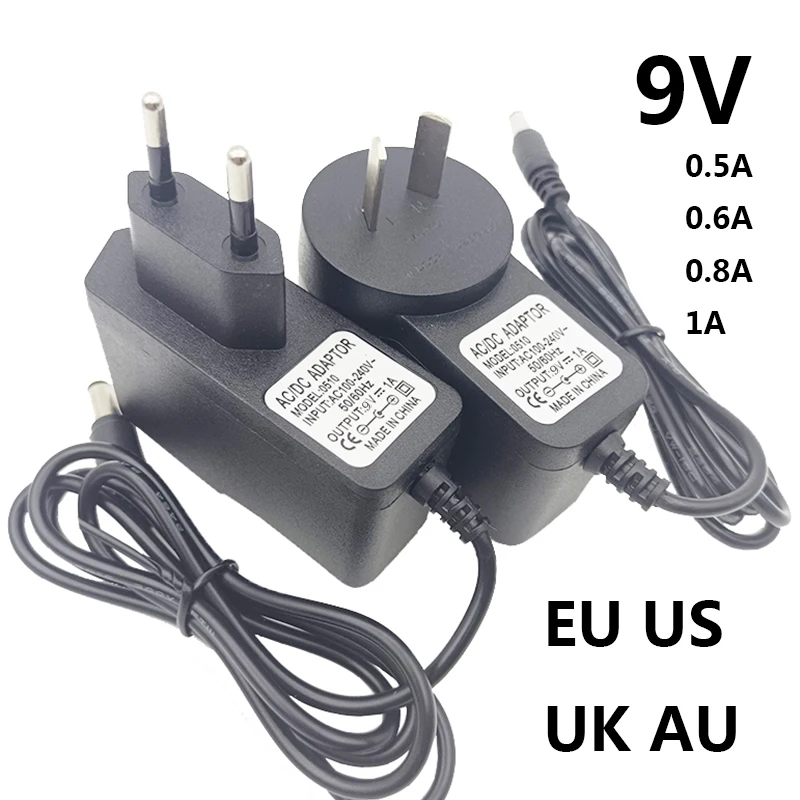 DC 9V 0.5A Switching 9V-0.8A 9V Power Supply AU Plug 0.5A 0.6A 0.8A 1A Transformer UK Plug EU US 9 Volt Converter 5.5*2.5mm