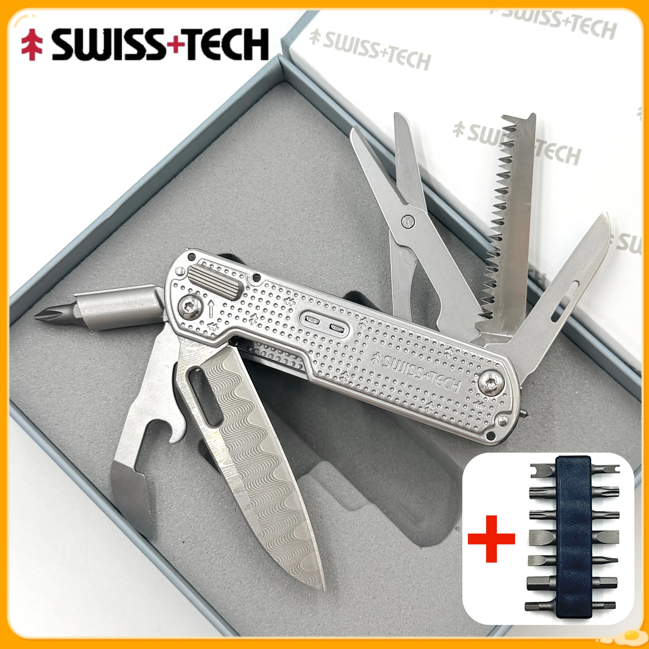 

Многофункциональный комбинированный инструмент SWISS TECH 10-в-1: нож, дамасские складные ножницы, портативное снаряжение для экстренных ситуаций на природе