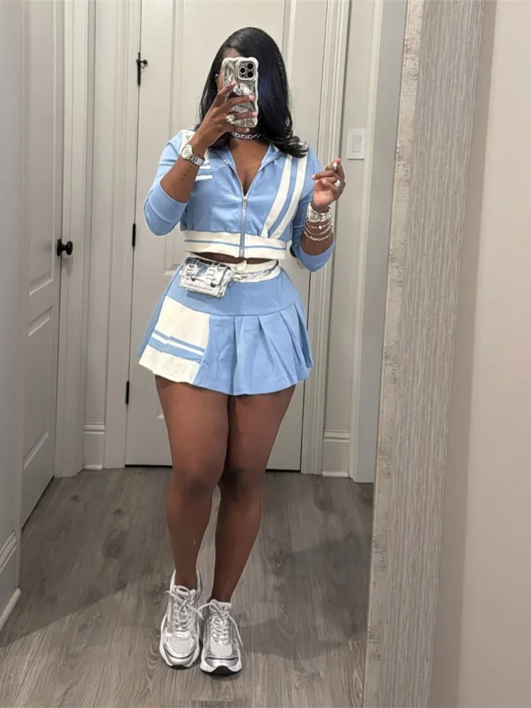 

Women Personalized Street Niche Design Color Clashing Jacket Long-sleeved Top Fashion Short Skirt Suit Two-piece Set