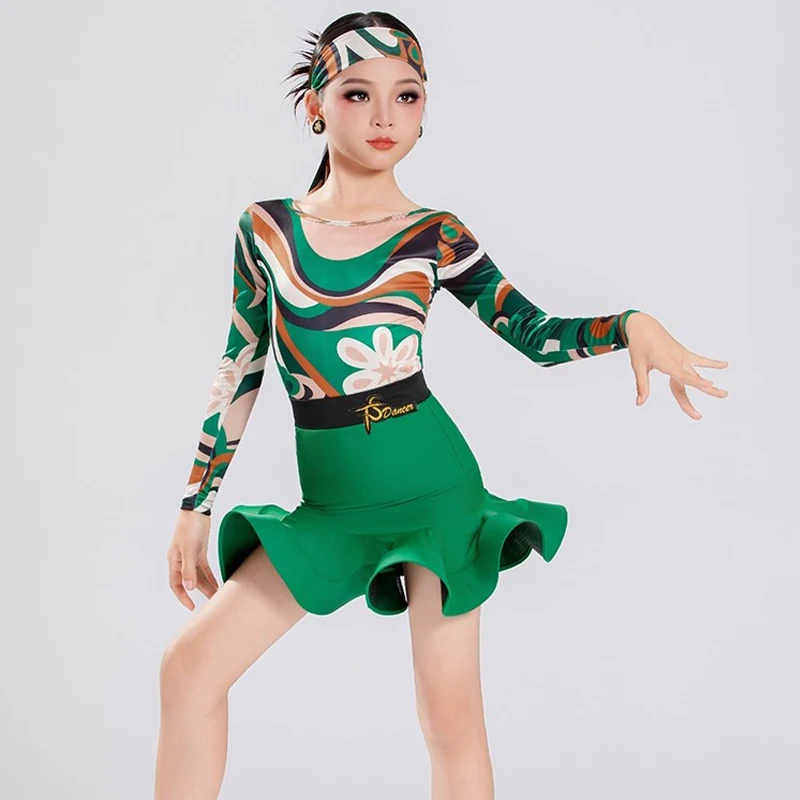 ملابس الرقص اللاتينية ذات النمط الأخضر للفتيات قاعة الرقص المنافسة زي الاطفال السالسا السامبا اللاتينية الرقص الدعاوى SL14066 #4