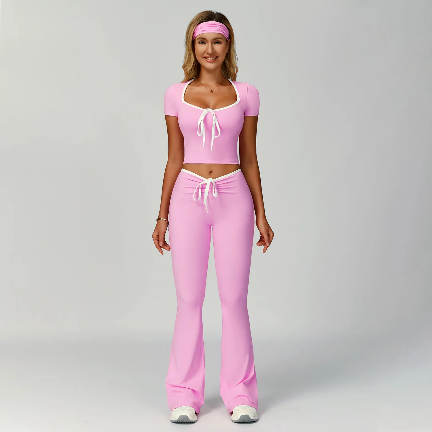 طقم تمرين نسائي من HANRAN مع عصابة رأس 2025، بدلة يوجا بحواف متباينة وسراويل واسعة للصالة الرياضية في الهواء الطلق #5