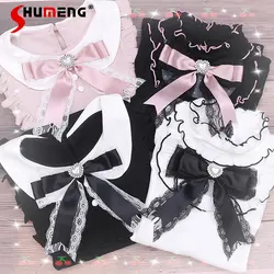 Japanese Style Sweet Girls Lace Trim Pearl Heart Rhinestone Neck Tie Cute Big Bow Collar Accessories Bow Ties for Shirt Women