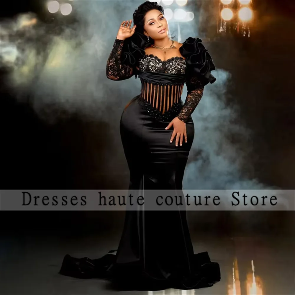 

Black Plus Size Mermaid Prom Dresses O Neck Ruffles Sleeve African Evening Party Gown Illusion Satin Aso Ebi Robe De Soiree