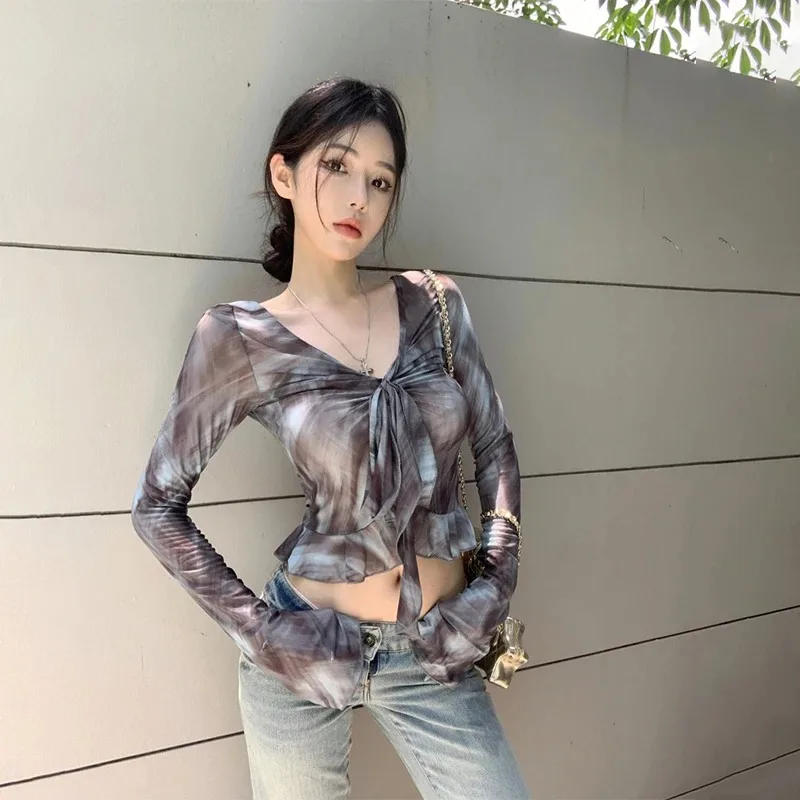 Sexy Women Tie Dye Mesh Sheer T-Shirt V Neck Flared Long Sleeve Sun Protection Shirt Women's Summer 2026 New Slim Fitted Top