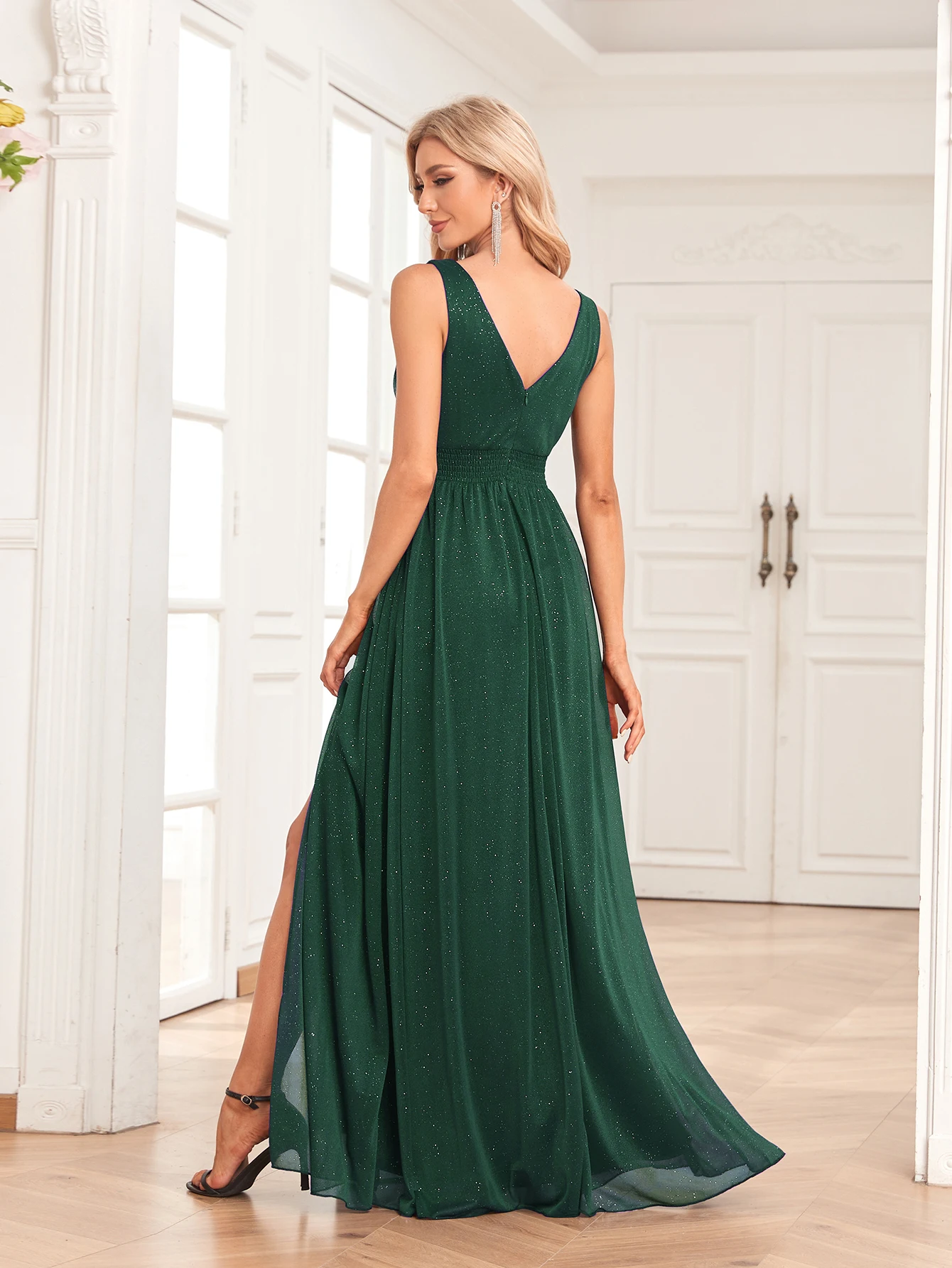 Women Sparkling Chiffon Sleeve Evening Dresses Side Slit Long Birthday Dress Double V-Neck A-Line Bridesmaid Dress