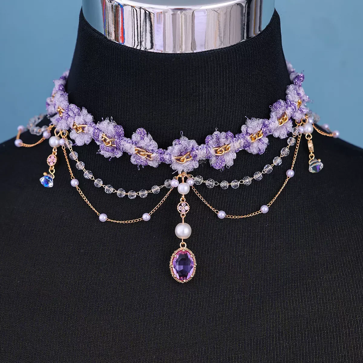 New Purple Rhinestone necklace Crystal pearl tassel pendant necklace Bridal accessories Wedding accessories image 2