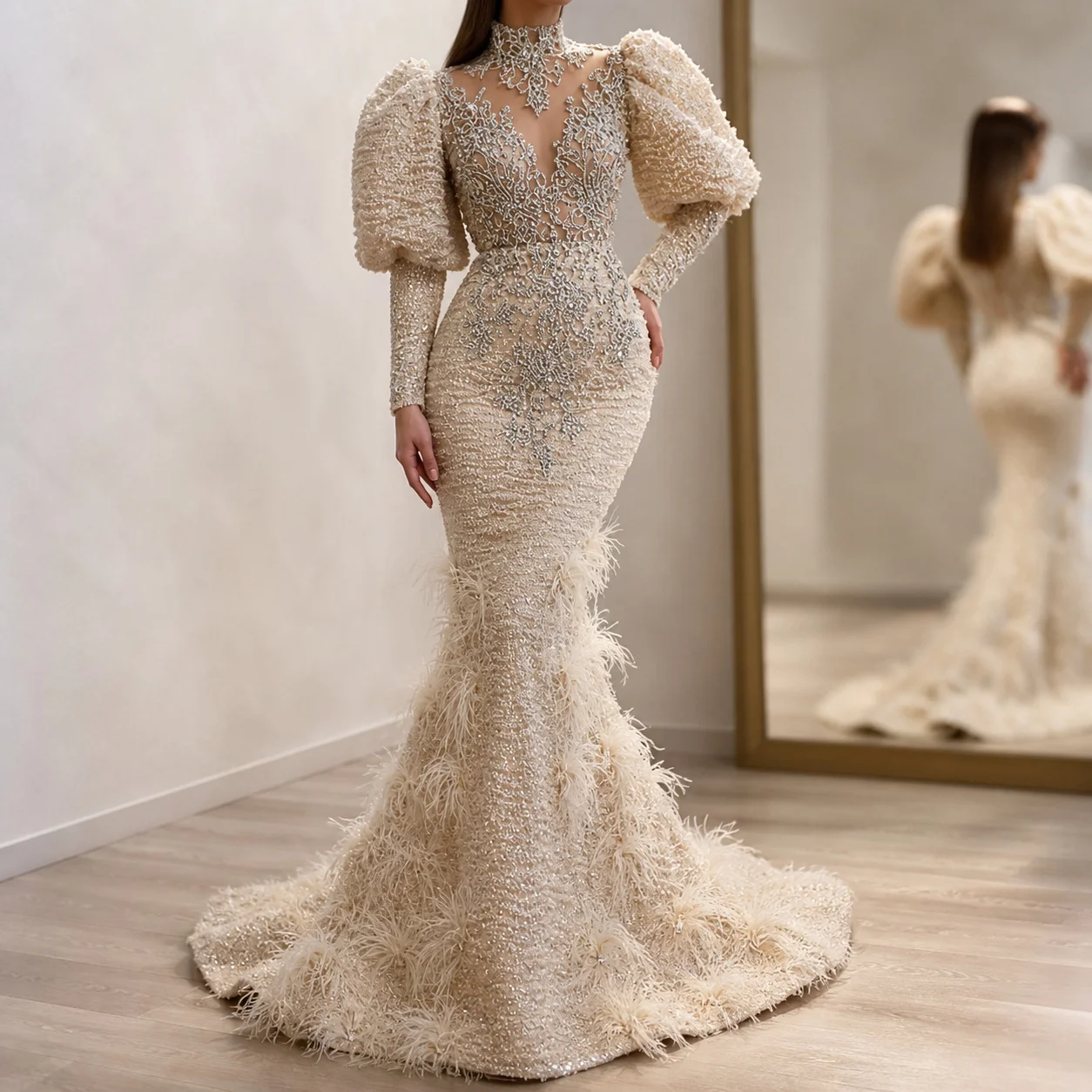 Women's Elegant Long Lace Dress with Puff Long Sleeves High Waist for Wedding Guest Prom Party Wedding Party Event Evening