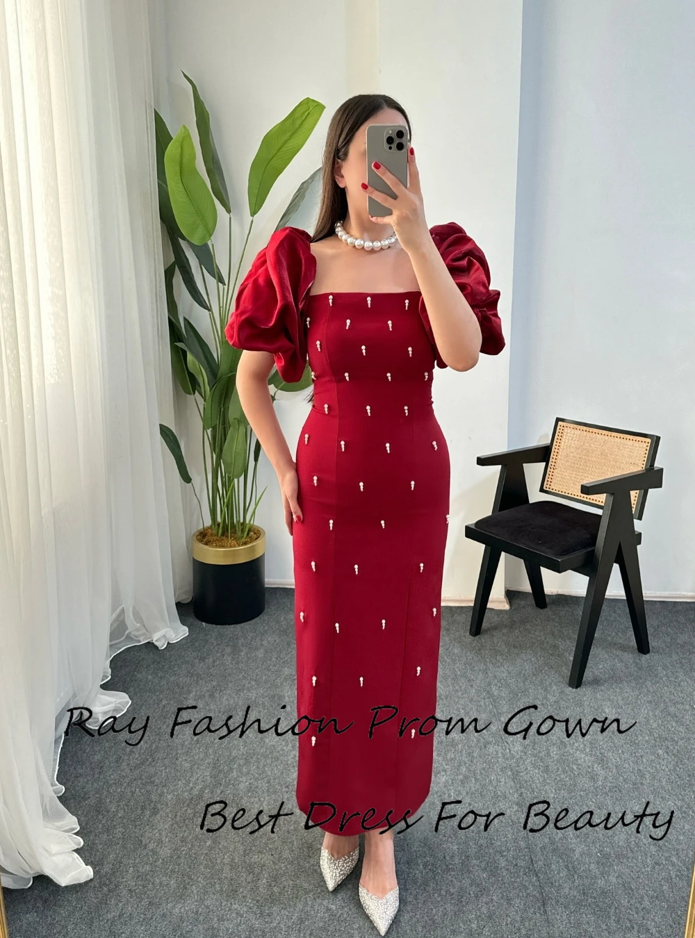 

Ray Fashion Evening Dress Sexy Square Collar Puff Sleeve With Luxurious Pearls Formal Occasion Party Prom Gown فساتين سهرة