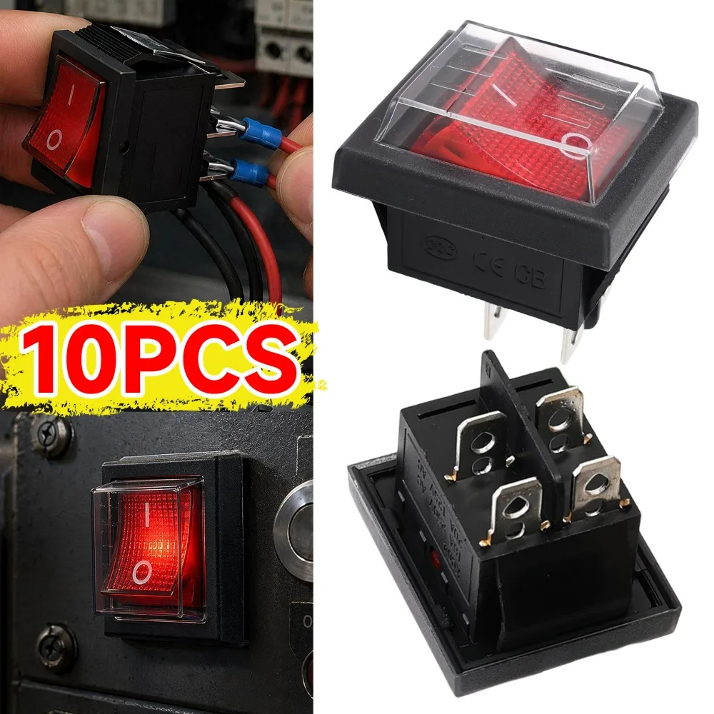 Boat Rocker Switch KCD4 4 Terminal 2 Position Brass Silver Plated Contacts Red LED Indicator ON /OFF with Clear Waterproof Cover