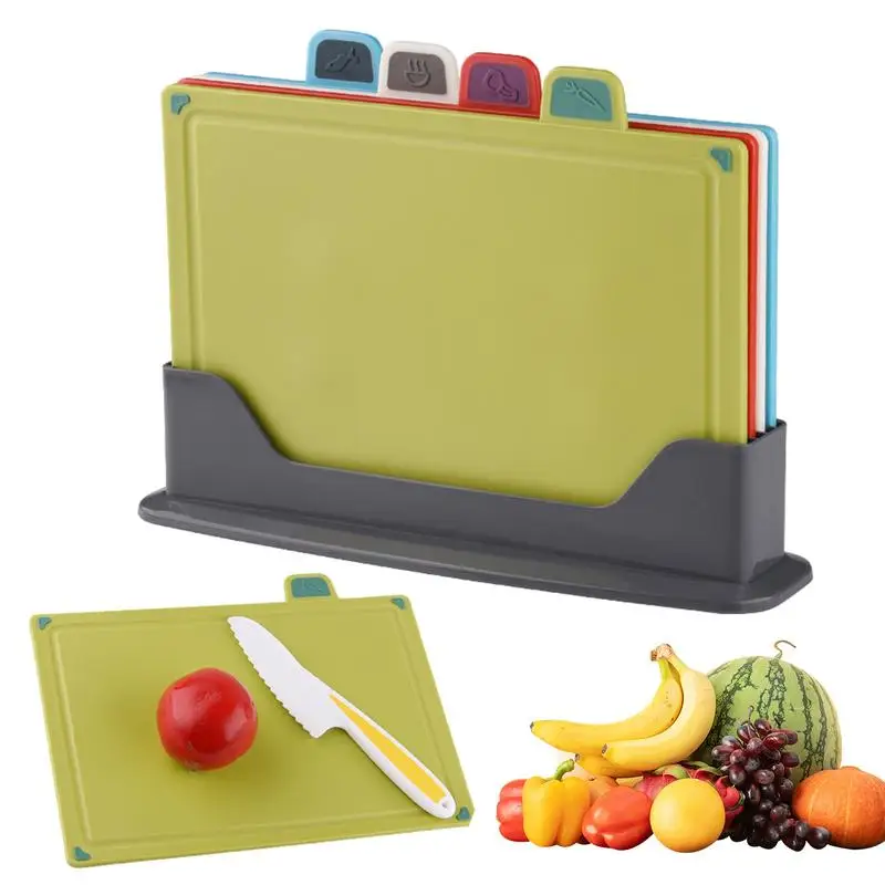 4pcs Cutting Boards Set with Storage Rack Double-Sided Chopping Mat for Vegetables Safe Cutting Plates with Holder  Chopping Mat