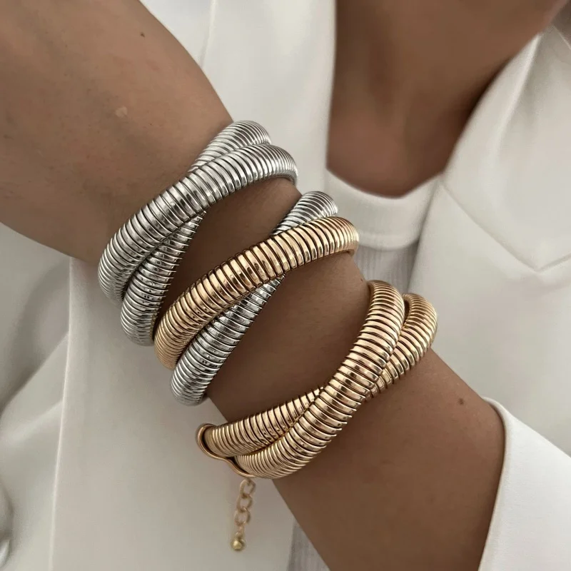 

Punk Metal Simplicity Spiral Bracelet Stainless Steel Texture Flex Snake Chain Cuff Bracelet Wholesale