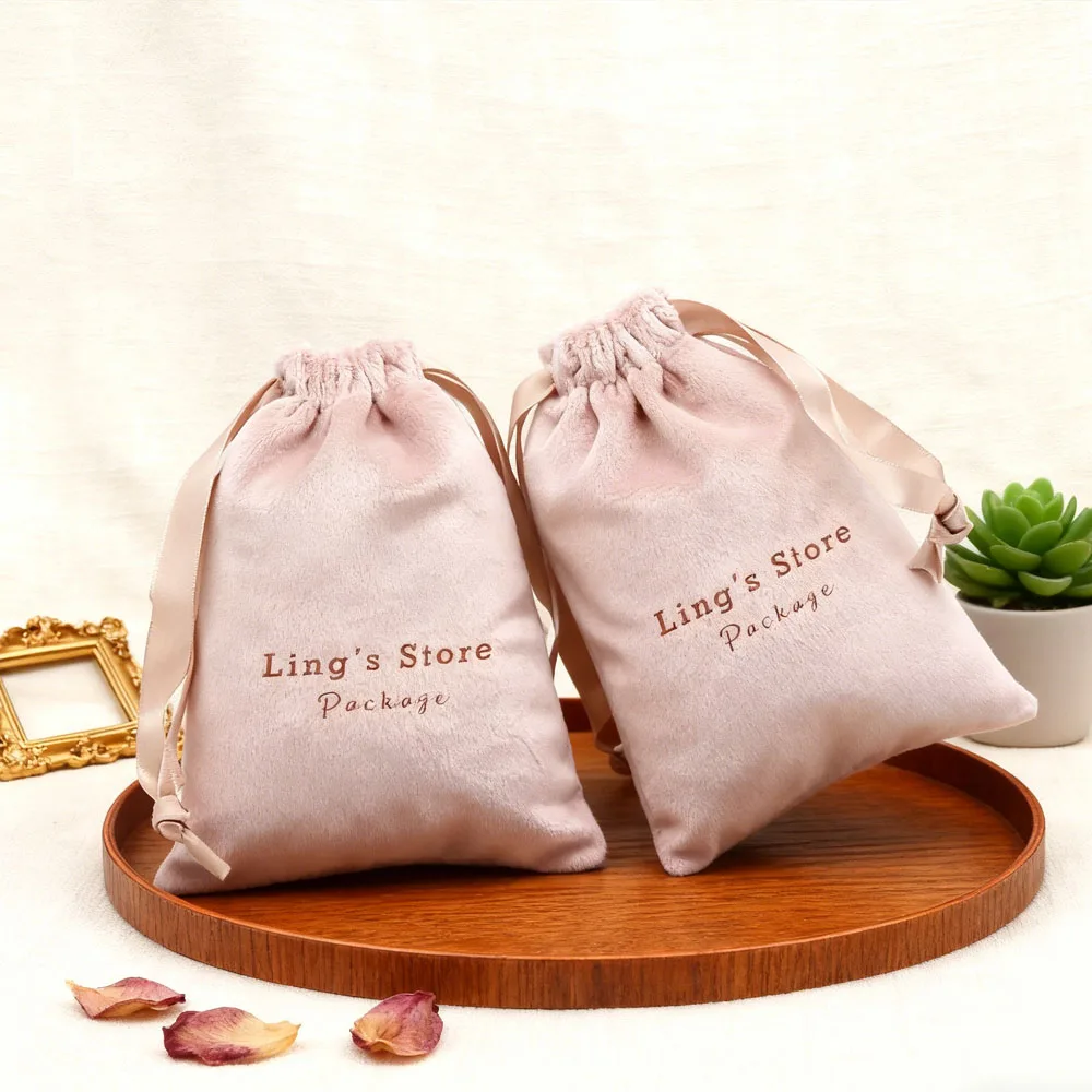

100Pcs Personalized Logo Pink Jewelry Soft Velvet Bag Ribbon Drawstring Shopping Gift Organizer Bag Newborn Baby Cloth Packaging