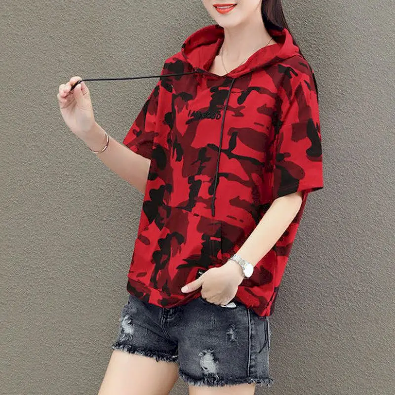 Hooded T-shirt Women Camouflage Short-sleeved Cotton T Shirt Summer Korean Style Tops Loose Thin Camouflage Uniform Student Tops