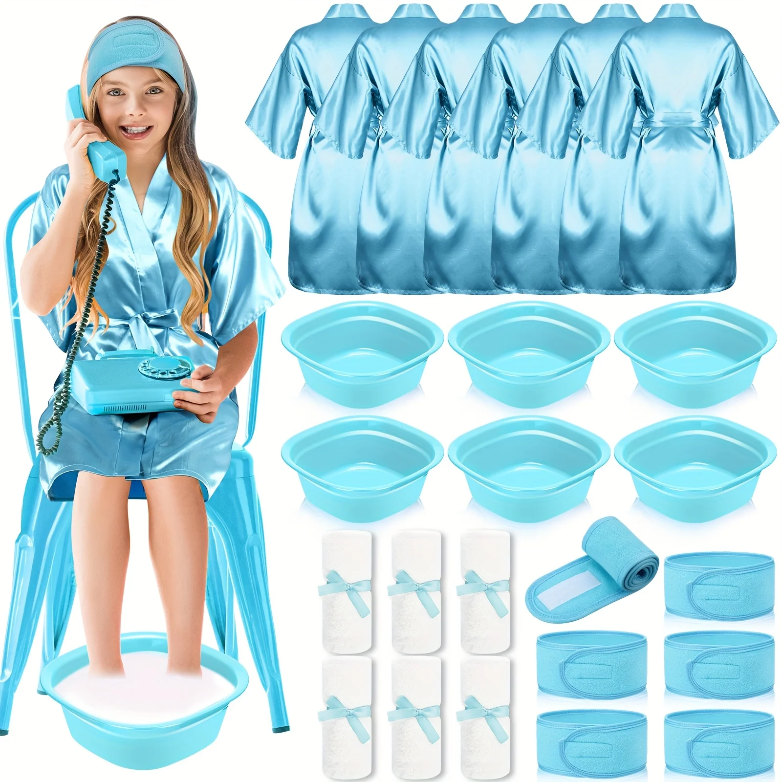 24pcs Spa Party Supplies Includes 6 Spa Party Robes 6 Basins 6 Makeup Headband 6 Towels for Sleepover Bath (Blue) Halloween Christmas, Bath Accessories, Sleepover Essentials, Festive Decorations, Fun Accessories, Lightweight Robes, Plastic Basins