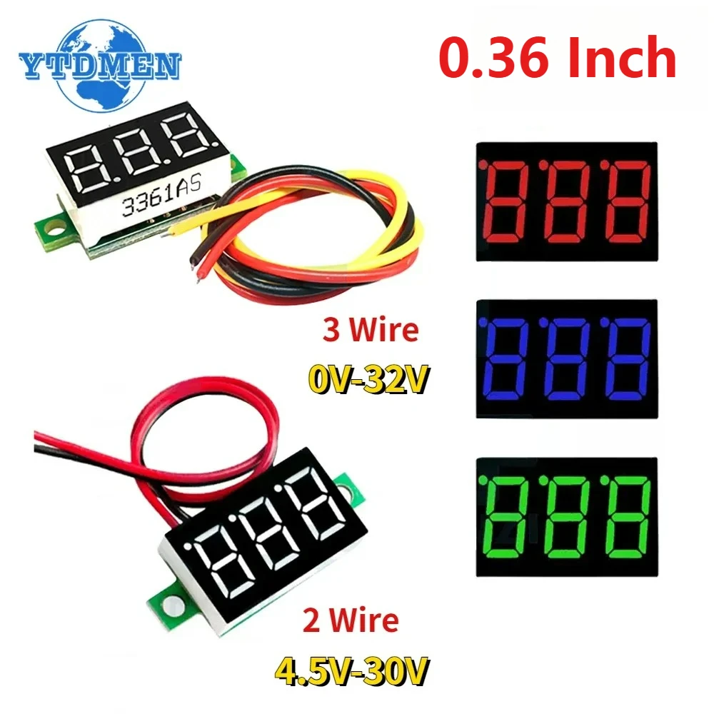 1PCS 0.36 Inch Voltmeter DC 0-32V 4.5V-30V LED Mini Digital Voltmeter LED Display Volt Meter Gauge Voltage Panel Meter 2 3 Wires