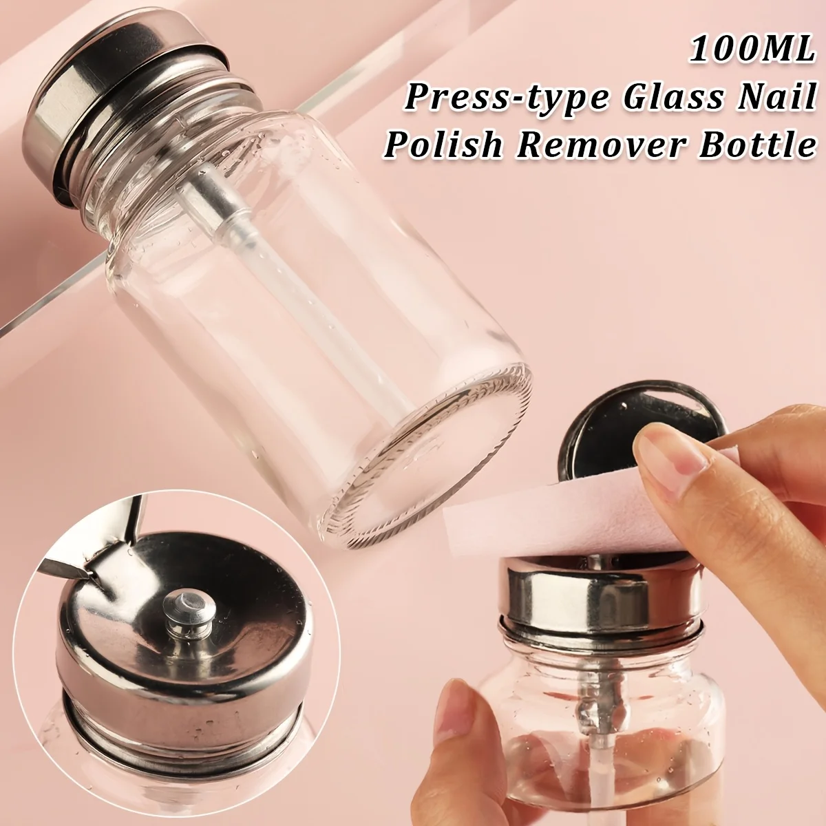120ML Transparent Press-type Glass Nail Polish Remover Dispenser, Thickened Glass Bottle With Stainless Steel Cap
