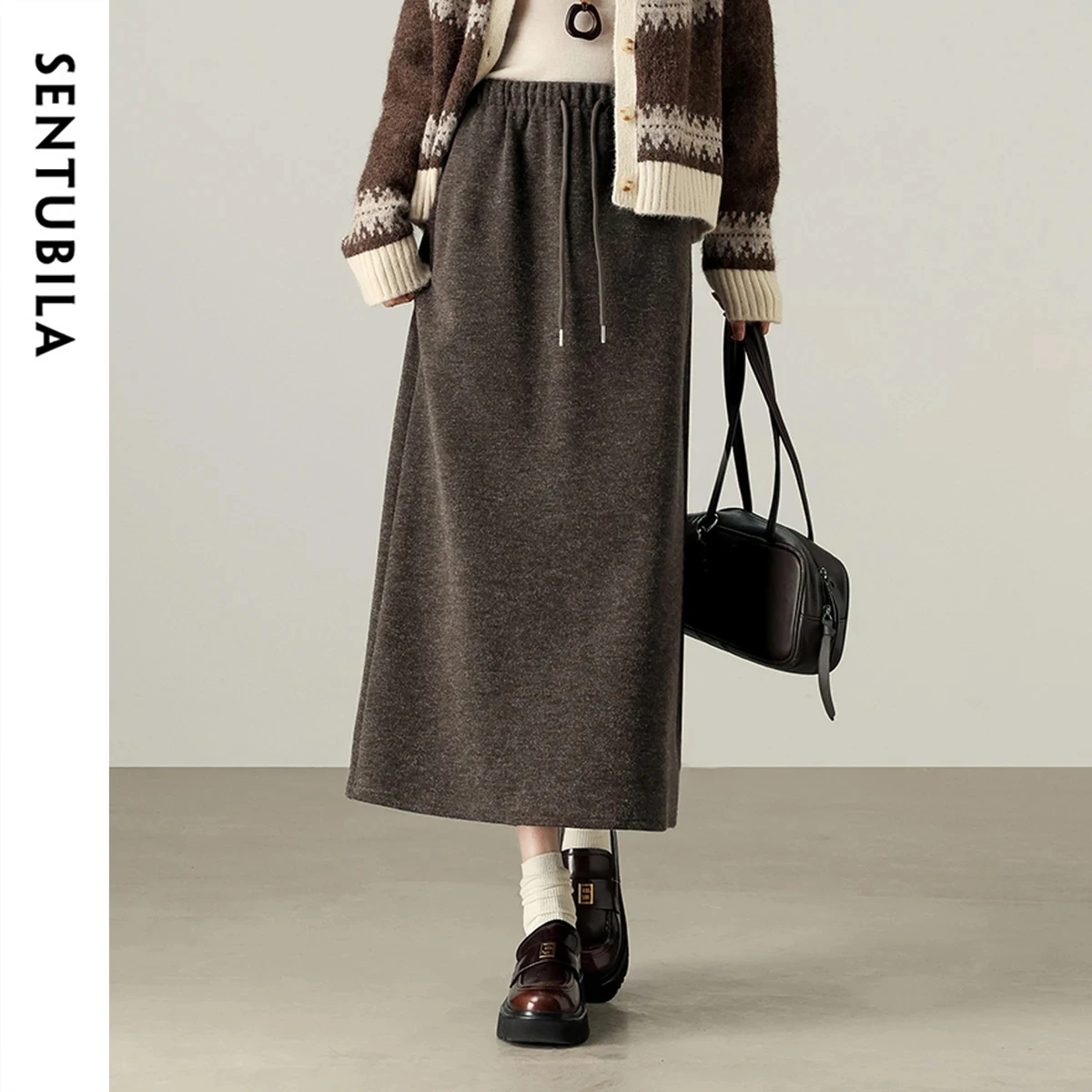 

SENTUBILA Women's Long Skirt Drawstring Fleece Lined Slit Straight Skirt 2026 Winter Casual Solid Knit Women Clothes W54QF5026