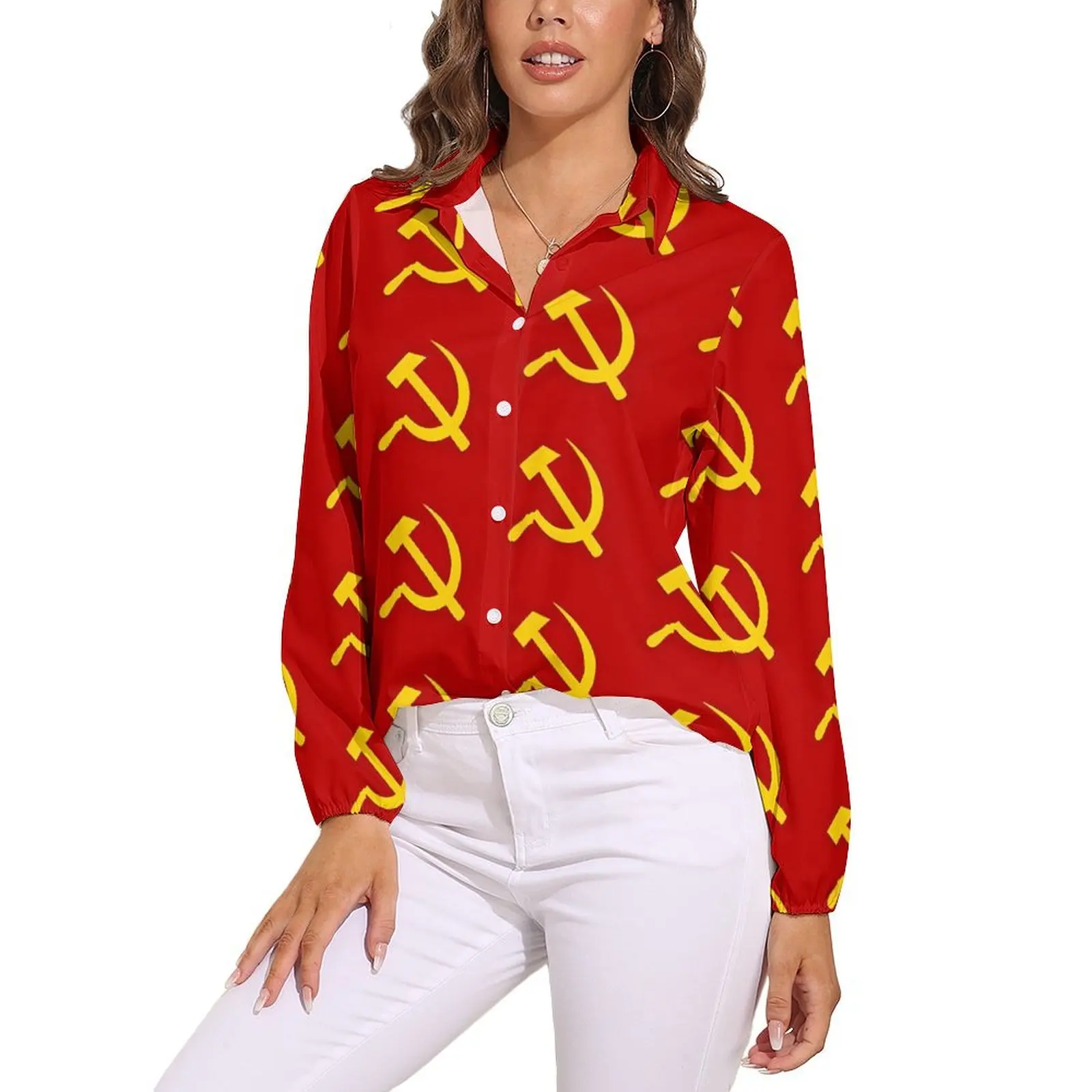 CCCT Yellow Red USSR Blouse Long-Sleeve Hammer and Sickle Russian Soviet Flag Office Blouses Casual Oversized Shirt Design Top