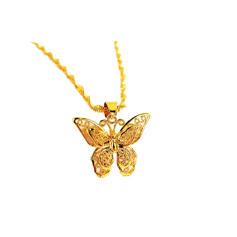 Noble AU999 Chinese style gold necklace filigree ancient butterfly festive small pendant pure gold 24k sweater necklace