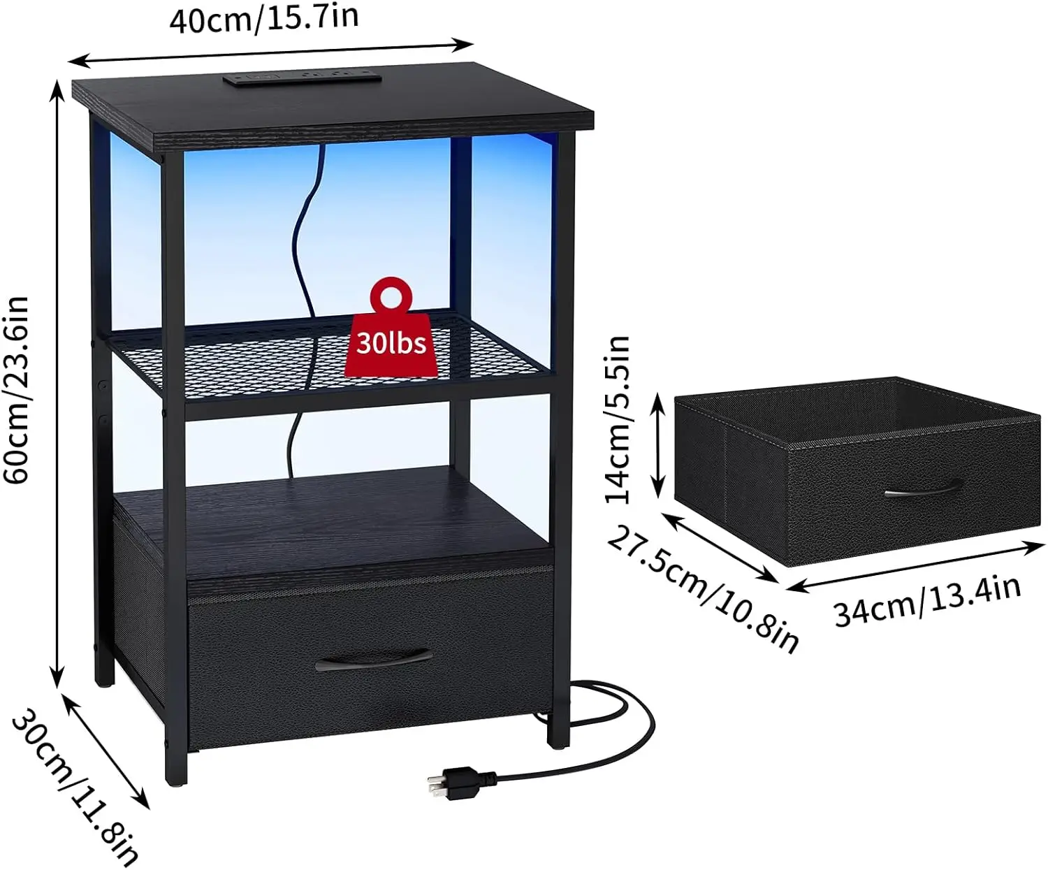 مجموعة حامل ليلي مكونة من قطعتين مع قاعدة شحن، ومنضدة LED مع أدراج قماشية، وطاولة نهائية بلمسة نهائية من البولي يوريثان، وطاولة جانبية للسرير، باللون الأسود #5