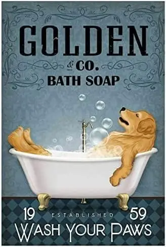 Retro Metal Tin Sign 8 X 12 Inches Golden Retriever with Bathtub Golden Retriever Bath Soap Decor Poster Wall Art Decor Annivers