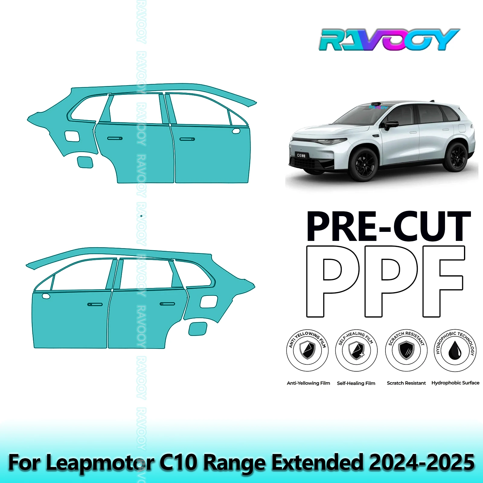 

For Leapmotor C10 Range Extended 2024-2025 8.5mil Clear Matte Pre-Cut PPF Door & A/B Pillar Kit TPU Paint Protection Film Set