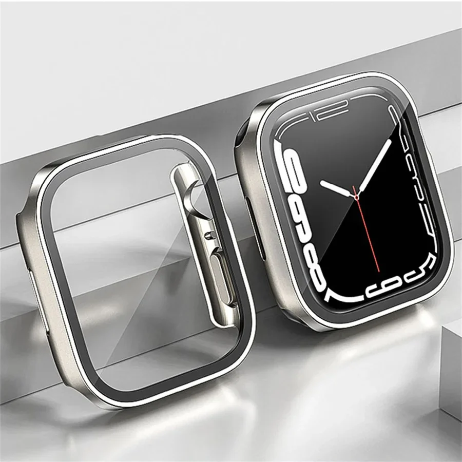 Glass+case For apple watch accessories series 8 7 6 5 4 se 44mm 40mm 41mm 45mm Straight Edge Screen Protector Apple Watch cover